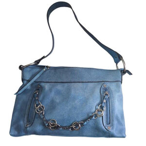 Kenneth Cole Reaction Blue Leather Shoulder Bag Vertical Front Zippers With Chai